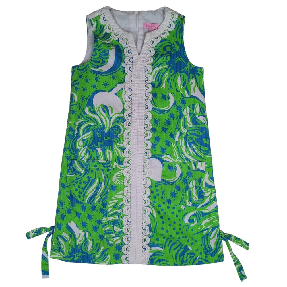 Lilly Pulitzer Girls 10 First Impression Lion Shift Dress Green Blue Lace Tie